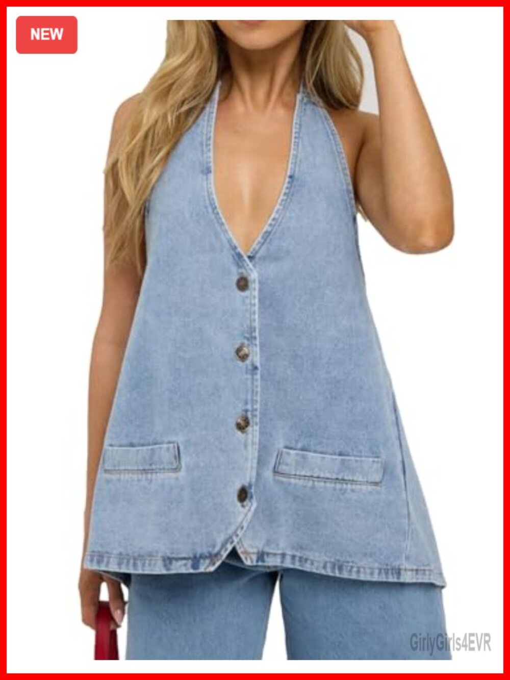 Women Halter Denim Vest Top V Neck Button Up Backless Jean Tank